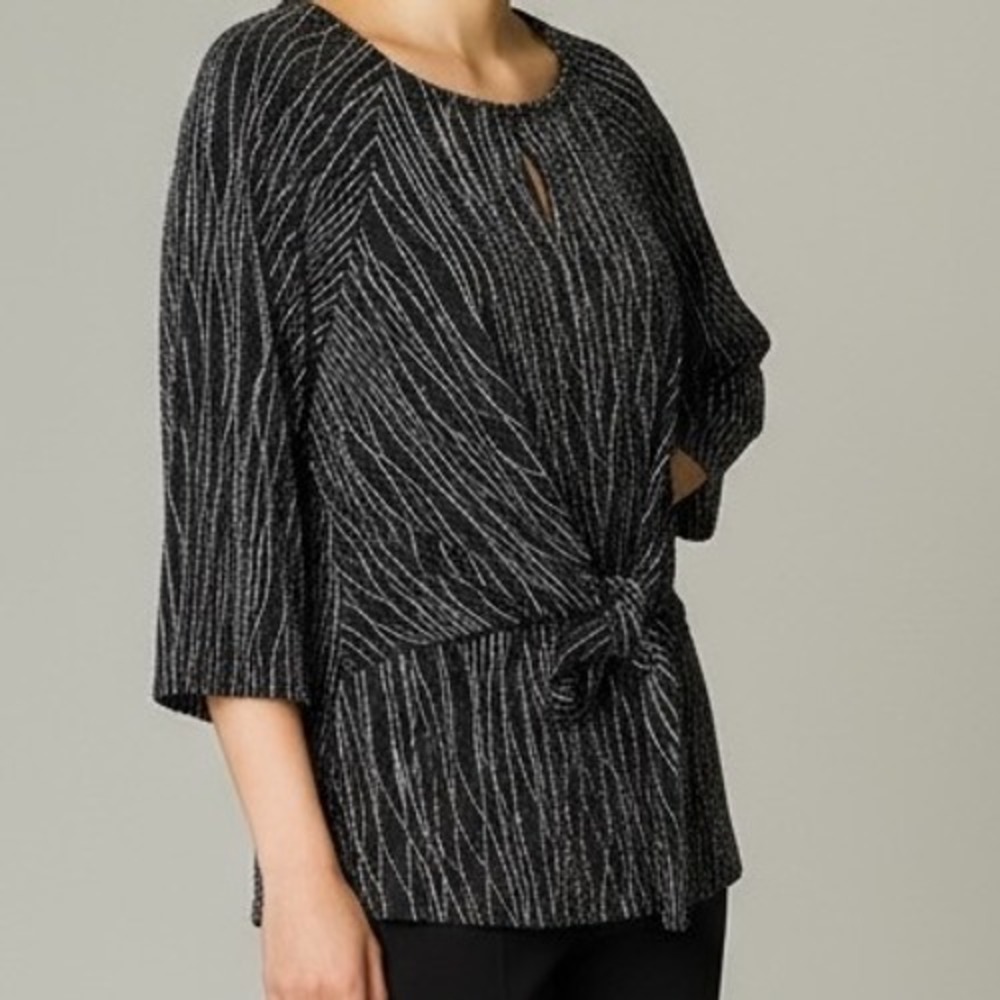 Anne Klein Black Silver Metallic Tie Front Blouse Womens Size L